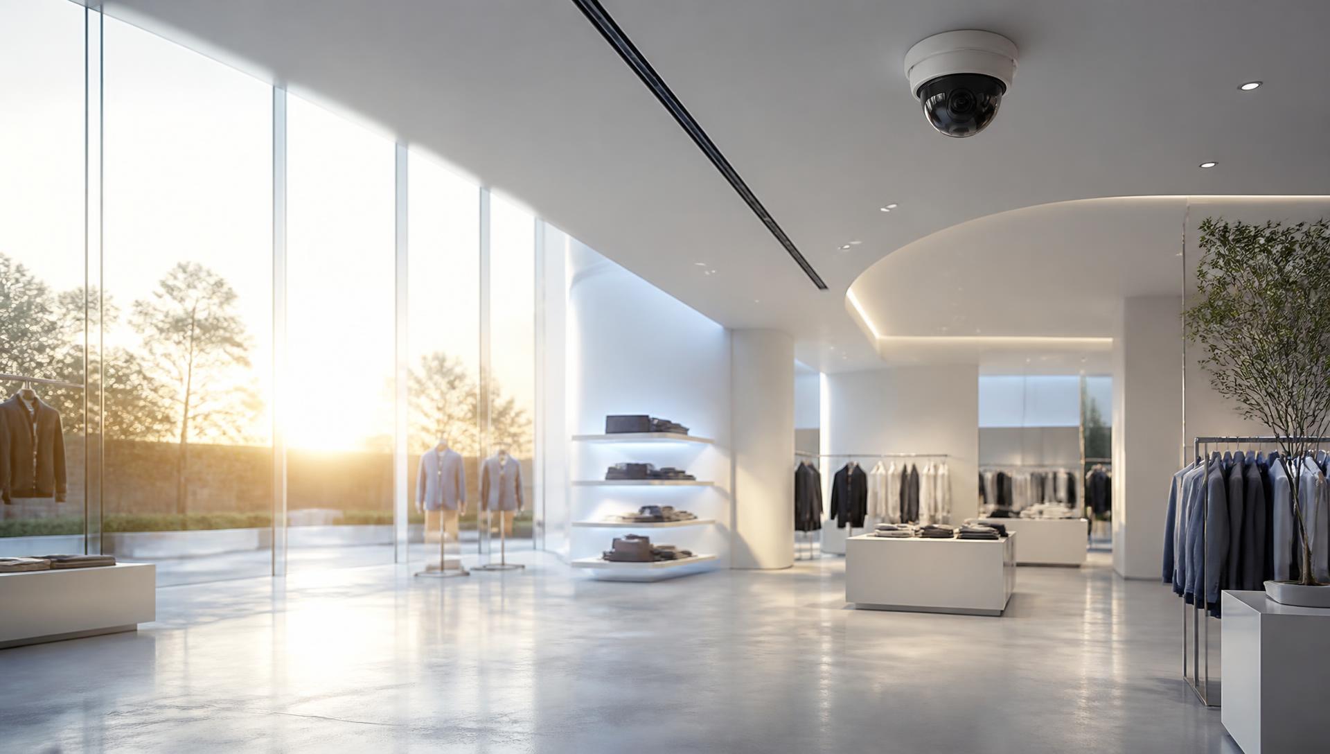 A bright modern flagship retail store interior at dawn with a discreet ceiling security camera